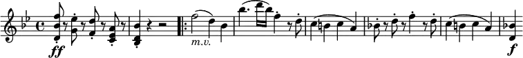  \relative f'' {
\key bes \major \time 4/4
<f bes, d,>8-. \ff r <es g,>-. r <d f,>-. r <a es c>-. r
<bes d, bes>4-. r r2 \bar ".|:"
f'2( _\markup { \italic "m.v." } d4) bes
bes'4.( d16 bes) f4-. r8 d-.
c4( b c a)
bes!8-. r d-. r f4-. r8 d-.
c4( b c a)
<bes! d,>4 \f
} 