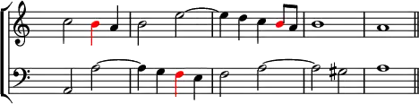 

\new ChoirStaff <<
   \new Staff <<
    \set Score.tempoHideNote = ##t
    \tempo 2 = 88
    \override Staff.TimeSignature.transparent = ##t
         \relative c''
         { c2 \tweak NoteHead.color #red \tweak Stem.color #red b4 a b2 e ~ e4 d c \tweak NoteHead.color #red b8 a b1 a \bar "||" }
          >>

    \new Staff <<
           \override Staff.TimeSignature.transparent = ##t
              \clef "bass"
              \relative c { a2 a' ~ a4 g \tweak NoteHead.color #red \tweak Stem.color #red f e f2 a ~ a gis a1 }
     >>
 >>

