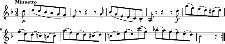 
  \relative c' {
  \version "2.18.2"
  \tempo "Minuetto"
  \key f \major
  \time 3/4
  \partial 8 c'8-.\p d (c bes a g f) 
  e r8 r4 r8 g-.
  bes (g e d c bes) 
  a r8 r4 r8 c'8-.\f
  a' (f) e (d) cis (d)
  g (e) d (c!) b (c)
  a' (f) e (d) cis (d)
  c! (e) g (e) c' (g)
  bes! (a) g (f) e (d)
  c2 r8 \bar ":|."
}
