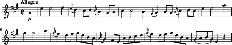 
\relative c'' {
    \version "2.18.2"
    \key a \major 
    \tempo "Allegro"
    \time 2/2
   \tempo 4 = 130
    \partial2  \partial4  a4\p e'4 e2 fis4
    \grace e16 (d4) cis8 d \grace cis16 (b4) a8 b
    cis4 cis2 b4
     \grace gis16 (a4) b8 a  \grace b16 (cis4) d8 cis
     e4 e2 a4 fis4 fis2 a4
     \grace fis16 (e4) d8 e fis d b a
     \grace a16 (gis4) fis8 e a b cis d
     \grace fis16 (e4) d8 e fis d b a
     gis (a b gis) e4 r4 
}
