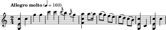 
\relative c' {
  \version "2.18.2"
  \key c \major
  \time 2/4
   \tempo "Allegro molto" 4 = 160
  <g e' c'>4 c' g' g c c 
  \appoggiatura c16 b4 \appoggiatura a16 g4 <f, c' a'>4 a'8. a16 
  a8 (g) f (e) e (d)  c (b) <g, e' c'>4 c <g e' c'>4 c'
} 
