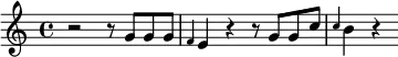 {
  \clef violin \key c \major \time 4/4 \tempo 4 = 40
  \set Score.tempoHideNote = ##t
  r2 r8 g' g' g'
  \grace f'4 e' r r8 g'8 g' c''
  \grace c''4 b' r
}