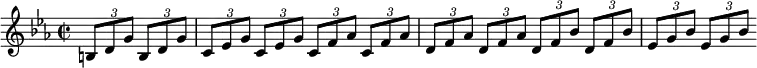 {
  \clef violin \key es \major \time 2/2 \tempo 4 = 60
  \set Score.tempoHideNote = ##t
  \autoBeamOff
  \partial 2 \tuplet 3/2 { b8[ d' g'] } \tuplet 3/2 { b8[ d' g'] }
  \tuplet 3/2 { c'[ es' g'] } \tuplet 3/2 { c'[ es' g'] } \tuplet 3/2 { c'[ f' as'] } \tuplet 3/2 { c'[ f' as'] }
  \tuplet 3/2 { d'[ f' as'] } \tuplet 3/2 { d'[ f' as'] } \tuplet 3/2 { d'[ f' bes'] } \tuplet 3/2 { d'[ f' bes'] }
  \tuplet 3/2 { es'[ g' bes'] } \tuplet 3/2 { es'[ g' bes'] }
}