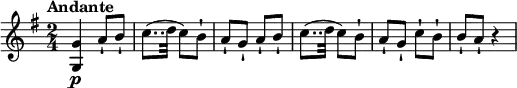 
\relative c'' {
  \version "2.18.2"
  \key g \major
  \time 2/4
  \tempo "Andante"
  < g, g'>4\p a'8-! b-! c8..
(d32 c8) b-! a-! g-! a-! b-! c8..
(d32 c8) b-! a-! g-! c-! b-! b-! a-! r4
}
