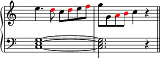 

\new PianoStaff <<
   \new Staff <<
    \set Score.tempoHideNote = ##t
    \tempo 4 = 100
    \override Staff.TimeSignature.transparent = ##t

              \relative c'' { e4. \tweak color #red d8 c \tweak color #red d e \tweak color #red f g g, \tweak color #red a \tweak color #red b c4 r4 \bar "||" }


     >>

    \new Staff <<
           \override Staff.TimeSignature.transparent = ##t
              \clef "bass"
              \relative c { <c e g>1 ~ <c e g>2. r4 }
     >>
 >>

