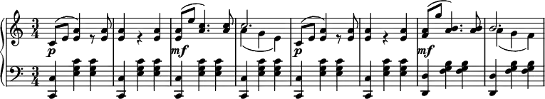 
 \relative c' {
  \new PianoStaff <<
   \new Staff { \key a \minor \time 3/4
    <<
   {
     c8( e <e a>4) s8 <e a>8 <e a>4 s4 <e a>4 <e a>8( e' <a, c>4.) <a c>8 c2. c,8( e <e a>4) s8 <e a>8 <e a>4 s4 <e a>4 <f a>8( g' <a, b>4.) <a b>8 b2.
   }
    \\
   {
     s8 s s4 r8 s8 s4 r4 s s8 s s4. s8 a4( g e) s8 s s4 r8 s8 s4 r4 s s8 s s4. s8 a4( g f)
   }
    >>
   }
   \new Dynamics {
    s8\p s s4 s8 s s4 s s s8\mf s s4.s8 s4 s s s8\p s s4 s8 s s4 s s s8\mf
   }
   \new Staff { \key a \minor \time 3/4 \clef bass
    <c, c,>4 <e g c> <e g c> <c c,>4 <e g c> <e g c> <c c,>4 <e g c> <e g c> <c c,>4 <e g c> <e g c> <c c,>4 <e g c> <e g c> <c c,>4 <e g c> <e g c> <d d,>4 <f g b> <f g b> <d d,>4 <f g b> <f g b>
   }
  >>
 }
