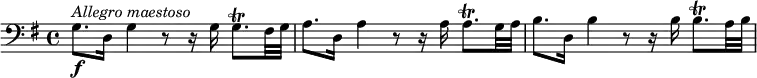 
\relative c' {
  \version "2.18.2"
  \clef bass
  \key g \major
  g8.\f^\markup { \italic {Allegro maestoso} } d16 g4 r8 r16 g g8.\trill fis32 g a8. d,16 a'4 r8 r16 a a8.\trill g32 a b8. d,16 b'4 r8 r16 b b8.\trill a32 b
}
