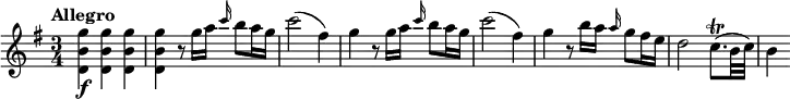 
\relative c''' {
  \version "2.18.2"
  \tempo "Allegro"
  \key g \major
  \time 3/4
  \tempo 4 = 120
  <g b, d,>4\f q q |
  q4 r8 g16 a \grace c16 b8 a16 g |
  c2( fis,4) |
  g4 r8 g16 a \grace c b8 a16 g |
  c2( fis,4) |
  g4 r8 b16 a \grace a g8 fis16 e |
  d2 c8.(\trill b32 c) |
  b4
}
