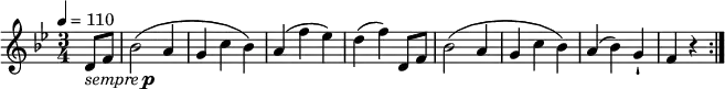 
\relative c'' {
  \version "2.18.2"
  \key bes \major
  \time 3/4
  \tempo 4 = 110
  \tempo "Trio"
  \partial4 d,8_\markup { \italic { sempre } \dynamic p } f
  bes2 (a4 g c bes)
  a (f'ees)
  d (f) d,8 f
  bes2 (a4 g c bes)
  a4 (bes) g-!
  f r4 \bar ":|."
}
