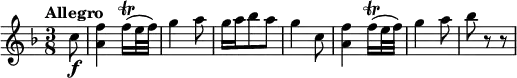 
\relative c' { 
   \version "2.18.2"
   \clef "treble" 
   \tempo "Allegro" 
   \key f \major
   \time 3/8
  \partial 8  c'8 \f
   <a f'>4 f'16\trill (e32 f)
   g4 a8
   g16 a bes8 a
   g4 c,8
   <a f'>4 f'16\trill (e32 f)
   g4 a8
   bes r8 r8
}
