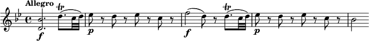 
\relative c'' {
  \override Score.NonMusicalPaperColumn #'line-break-permission = ##f
  \version "2.18.2"
  \key bes \major
  \tempo "Allegro"
  \tempo 4 = 140
  <bes d,>2.\f d8.\trill( c32 d) |
  es8\p r d r es r c r |
  f2\f (d8) r d8.\trill( c32 d) |
  es8\p r d r es r c r |
  bes2
}
