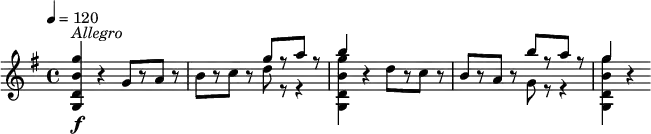 
\relative c''' {
  \version "2.18.2"
  \key g \major
  \tempo 4 = 120
  <g b, d, g,>4\f^\markup { \italic  Allegro } r g,8[ r a] r |
  b8[ r c] r 
     << { g'8[ r a] r | b4 } \\ { d,8 r r4 | <g b, d, g,>4 } >>
  r4 d8[ r c] r |
  b8[ r a] r 
     << { b'8[ r a] r | g4 } \\ { g,8 r r4 | <g' b, d, g,>4 } >>
  r4
}
