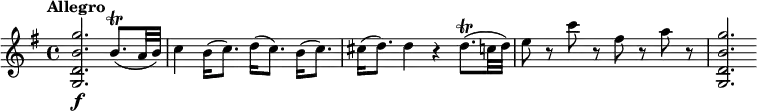 
\relative c' {
  \override Score.NonMusicalPaperColumn #'line-break-permission = ##f
  \version "2.18.2"
  \tempo "Allegro"
  \key g \major
  \tempo 4 = 140
  <g d' b' g'>2.\f b'8.\trill( a32 b) |
  c4 b16( c8.) d16( c8.) b16( c8.) |
  cis16( d8.) d4 r d8.\trill( c32 d) |
  e8 r c' r fis, r a r |
  <g,, d' b' g'>2.
}
