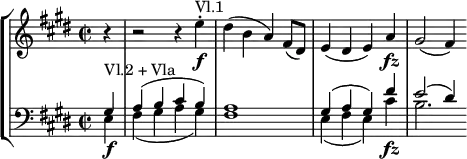 
\new StaffGroup <<
  \new Staff \relative e'' { \key e \major \time 2/2
    \partial 4 r4 | r2 r4 e-. \f ^\markup { "Vl.1"}| dis4( b a) fis8( dis)
    e4( dis e) a \fz | gis2( fis4)}
  \new Staff { \key e \major \time 2/2 \clef "bass"
    \partial 4 << \new Voice \relative gis { \stemUp \slurUp gis4 ^\markup { "Vl.2 + Vla"}
                  a4( b cis b) | a1 | gis4( a gis) fis' | e2( dis4) }
                  \new Voice \relative e { \stemDown \slurDown e4 \f
                  fis4( gis a gis) | fis1 | e4( fis e) cis' \fz | b2. } >>
  } >> 