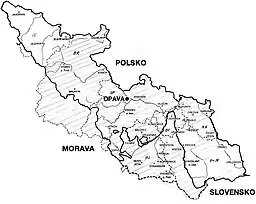 Mapo de Ĉeĥa Silezio (limigita per dika linio, strekume hodiaŭa Moraviasilezia regiono) post la jaro 1920