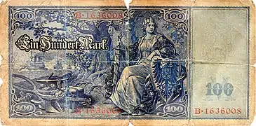 Reverso de monbileto de 100 Markoj de 1908