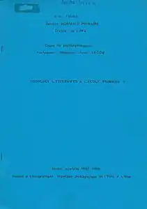 Broŝuro en la franca : Eric Figas, Kial Esperanto en la elementa lernejo, psikopedagogia kurso de prof. José Jacob, Section normale primaire, classe 3PPA