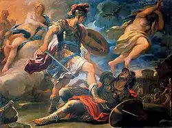 Eneo venkas Turnus-on, pentraĵo de Luca Giordano (1634-1705). La ino maldekstre estas Venuso, la patrino de Eneo, kiu subtenis lin dum la batalo. La ino dekstre devas esti la fratino de Turnus, la nimfo Juturna, kiu estis devigita de Furio (kaj transformita al nigra birdo sendita de Jupitero) forlasi Turnus-on al lia propra sorto. Surbaze de la "Romia Historio", verkita de Kasio Diono.