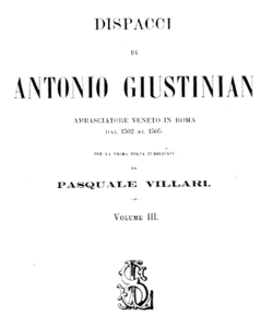 "Elsendaĵoj de Antonio Giustinian, venecia ambasadoro en Romo ekde 1502 ĝis 1505", verko represita en 1876.