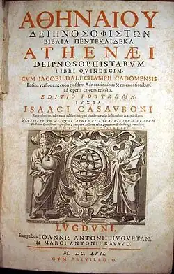 Titolpaĝo de la verko "Deipnosophistarum" de Ateno, eldonita en 1657 de Issac Casaubon (1559-1614) en la greka kaj en la latina.