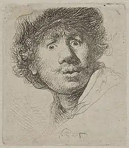 Memportreto kun ĉapo, kun malfermegaj okuloj, akvaforto kaj grifelo, 1630