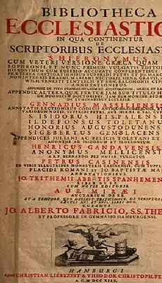 "Bibliotheca ecclesiastica",verko eldonita en 1718.