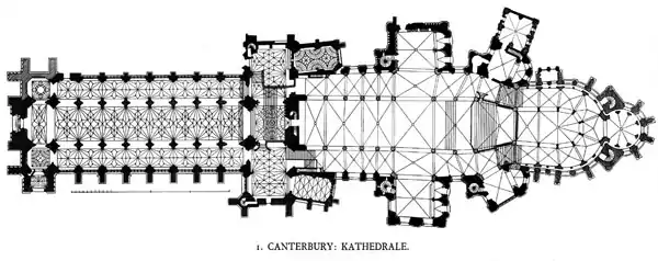 Plano de la katedralo de Canterbury kun frugotika ĥorejo kaj malfrugotika okcidenta laŭlonga domo