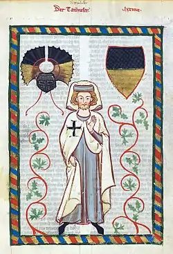 Der Tannhäuser en la granda mezepoka kanta manuskripto Codex Manesse, ĉirkaŭ la jaro 1300