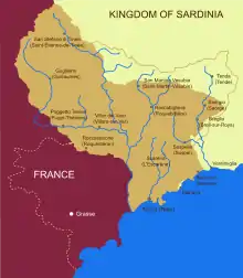 Mapo de la graflando de NicoBrunearron, la parto de la graflando alligita al Francio en 1860 ; flave, la parto de la graflando fariĝinta itala en 1861 poste franca en 1947 ; vidi Les limites du comté de Nice..