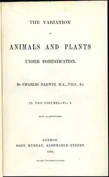 La kovrilpaĝo de La variado de bestoj kaj plantoj aldomigataj de Darwin