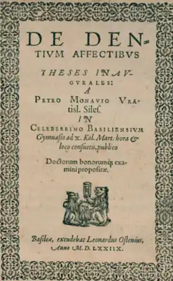 "De dentium affectibus theses inaugurales" verko eldonita en 1578 de Petro Monaŭ.