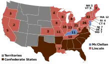 Map of the U.S. showing Lincoln winning all the Union states except for Kentucky, New Jersey, and Delaware. The Southern states are not included.