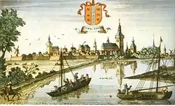 Gravuraĵo de Gouda, de la jaro 1674, urbo, kie Pieter Bockenberg naskiĝis.