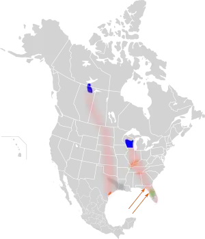 Natura arealo; blue : reproduktado; oranĝe : travintrado; verde : tut-jara restado; grize : okaze tut-jara restado.