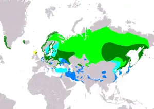 ﻿ Reproduktaj teritorioj
﻿ Ĉiujare prezencoj
﻿ Migrado
﻿ Vintrejoj
﻿ Reenmeta (Ĉiujare prezencoj)
﻿ Reenmeta (Migrado)