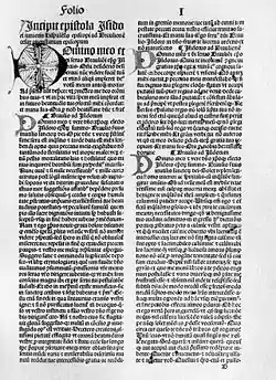 Frontispco de la verko Etymologiae, far Isidoro de Sevilo, eldonita de Amerbach, 1489