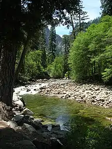 la rivero Merced River fluas tra la valo