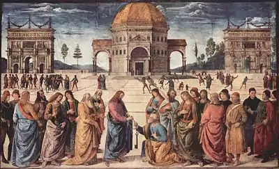 Tradicia pentraĵo de Pietro Perugino titolata La dono de la ŝlosiloj al Sankta Petro (1492)