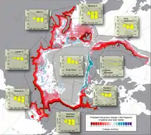  The Canadian Basin is blue for the most part, while the rest of the Arctic Basin is mainly red with scattered areas of blue