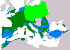 Arealo

﻿ Reproduktaj teritorioj
﻿ Ĉiujare prezencoj
﻿ Vintrejoj