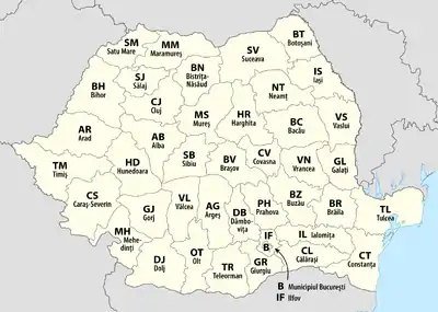 La mapo prezentas la teritorion de Rumanio dividitan al 41 distriktoj kaj la ĉefurba distrikto de Bukareŝto.