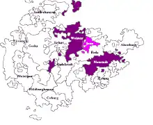      Saksio-Weimar, inter la aliaj Ernestaj duklandoj kaj      Saksio-Jena, aligita al Saksio-Weimar en 1690