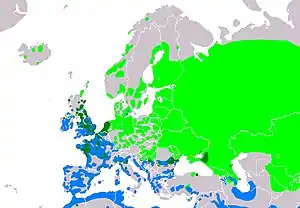 Vivejoj en Eŭropo
﻿ Reproduktaj teritorioj
﻿ Ĉiujare prezencoj
﻿ Vintrejoj