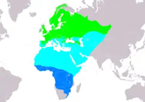 Natura arealo

﻿ Reproduktaj teritorioj
﻿ Migrado
﻿ Vintrejoj
Kompilita de "BirdLife International and Handbook of the Birds of the World (2016) 2009."