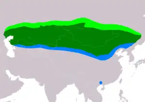 Natura arealo

﻿ Reproduktaj teritorioj
﻿ Ĉiujare prezencoj
﻿ Vintrejoj
Kompilita de "BirdLife International and Handbook of the Birds of the World (2016) 2016."