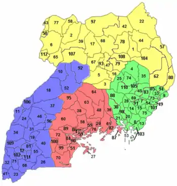 la regionoj de Ugando (laŭ distriktaj limoj de 2010)  centra -   okcidenta -   orienta -   norda