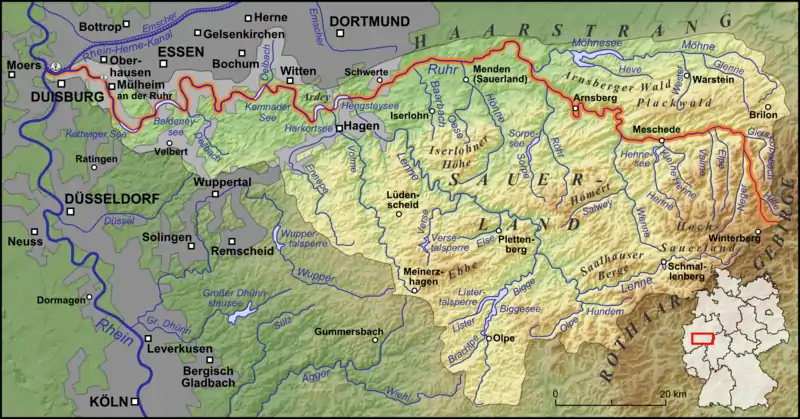 Verlauf der Ruhr mit größeren Nebenflüssen und den Ruhrstauseen