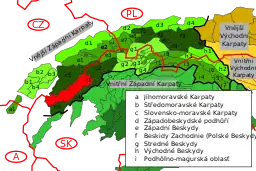 Blankaj Karpatoj enkadre de Eksteraj Okcidentaj Karpatoj, markita ruĝe