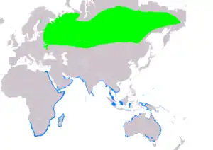 Natura arealo

﻿ Reproduktaj teritorioj
﻿ Migrado
﻿ Vintrejoj
Kompilita de "BirdLife International and Handbook of the Birds of the World (2019) 2019"