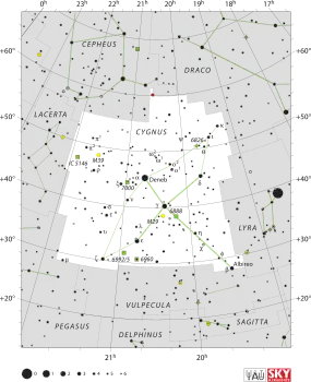 Diagram showing star positions and boundaries of the Cygnus constellation and its surroundings